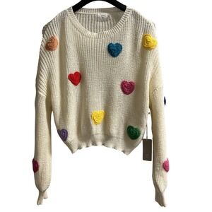 Luna Ivy Sweater Ivory 3D Hearts Colorful Braided Texture Size M Pullover Boxy